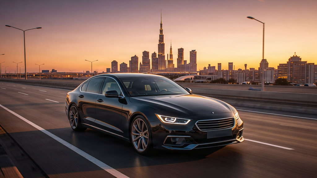 Luxury car driving through Dubai city skyline at sunset